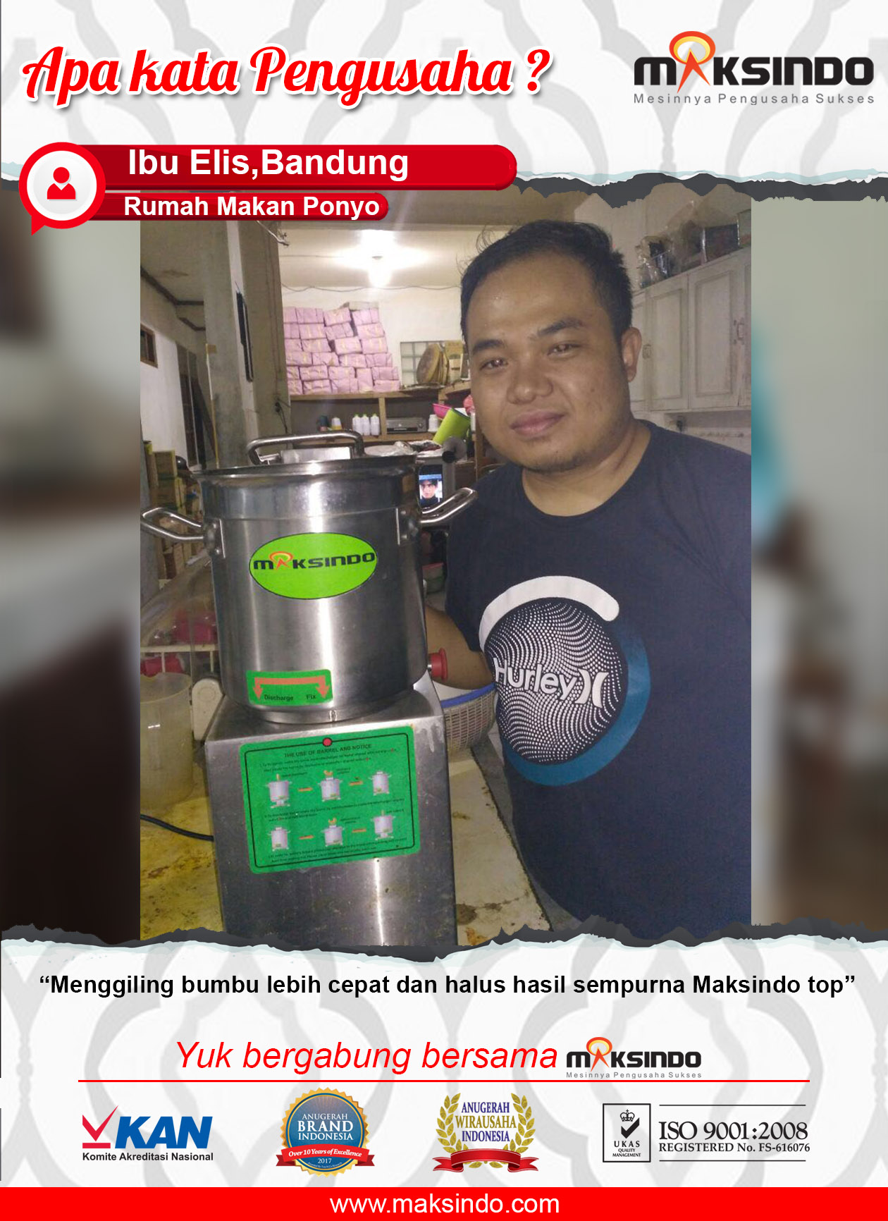Rumah Makan Ponyo : Dengan Mesin Universal Fritter Maksindo Menggiling Bumbu Lebih Halus dan Cepat
