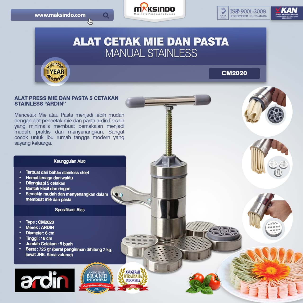 Jual Alat Cetak Mie dan Pasta Manual Stainless (ARDIN) CM2020 di Medan