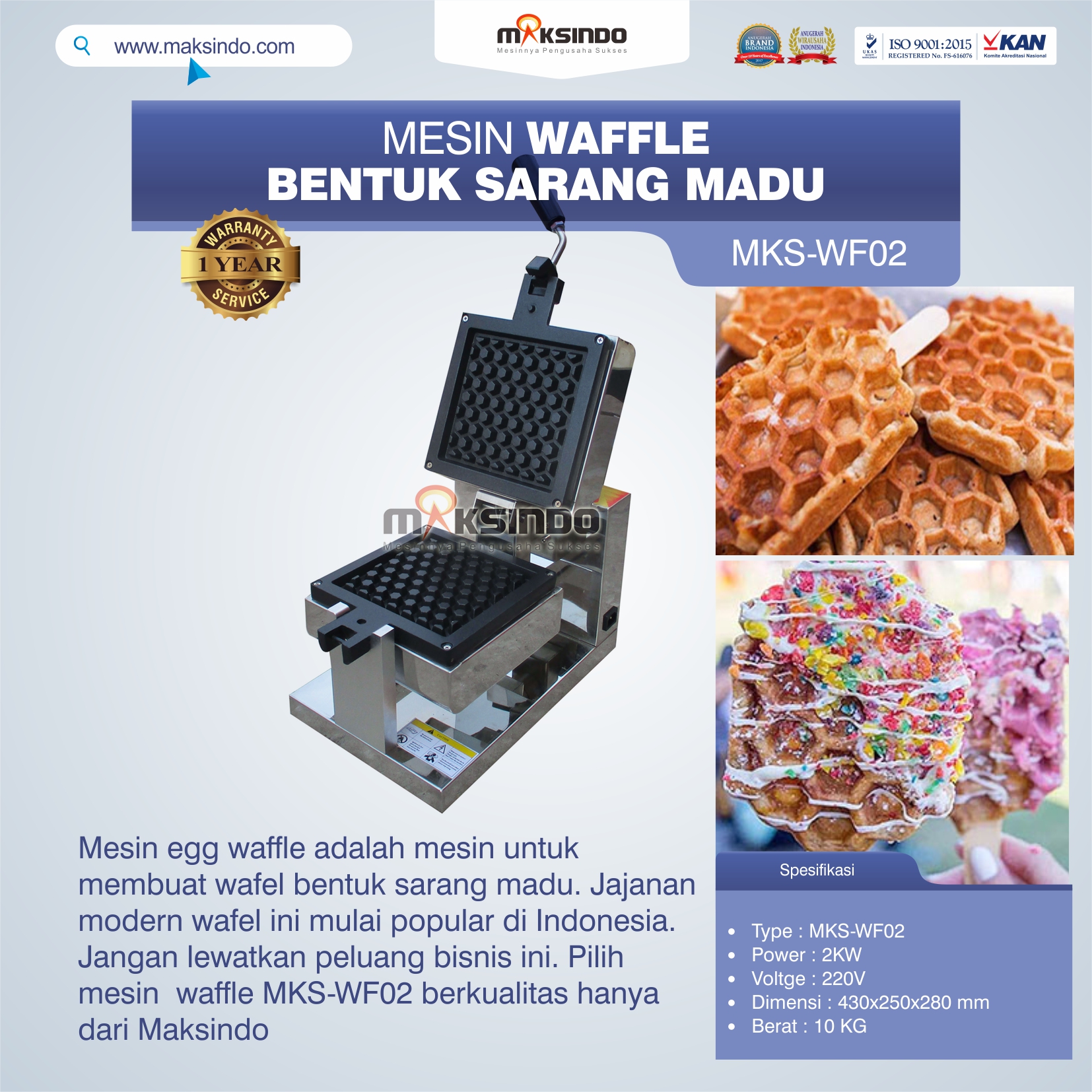 Jual Mesin Waffle Bentuk Sarang Madu MKS-WF02 di Medan