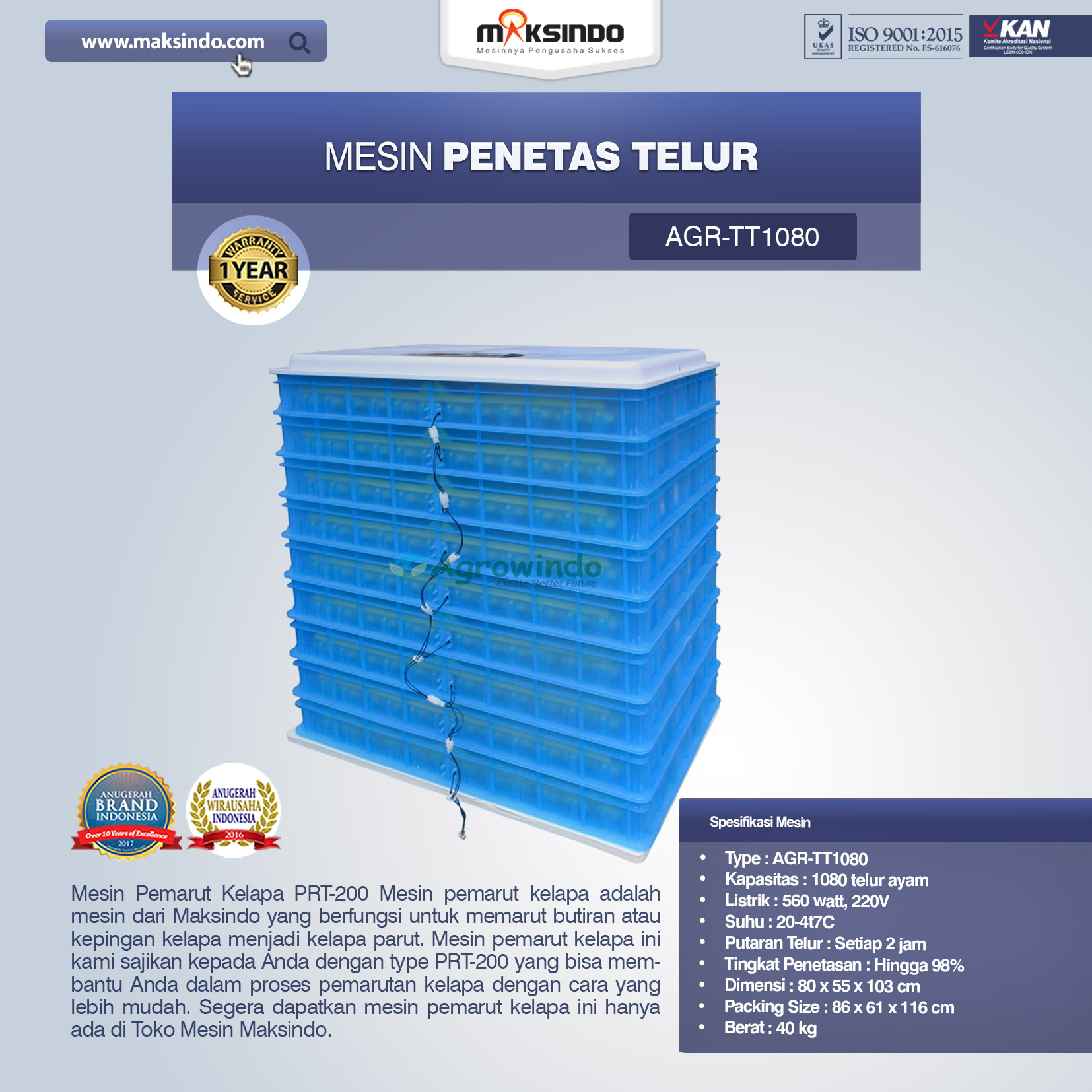 Jual Mesin Penetas Telur AGR-TT1080 Di Medan