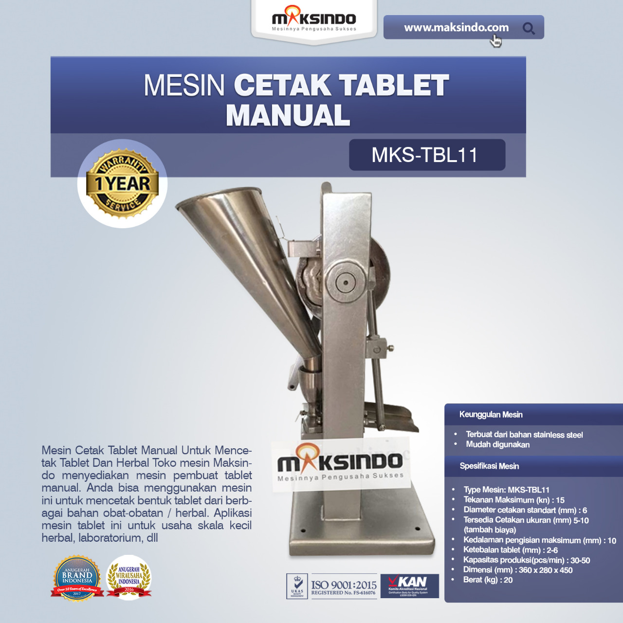 Jual Mesin Cetak Tablet Manual – MKS-TBL11 di Medan