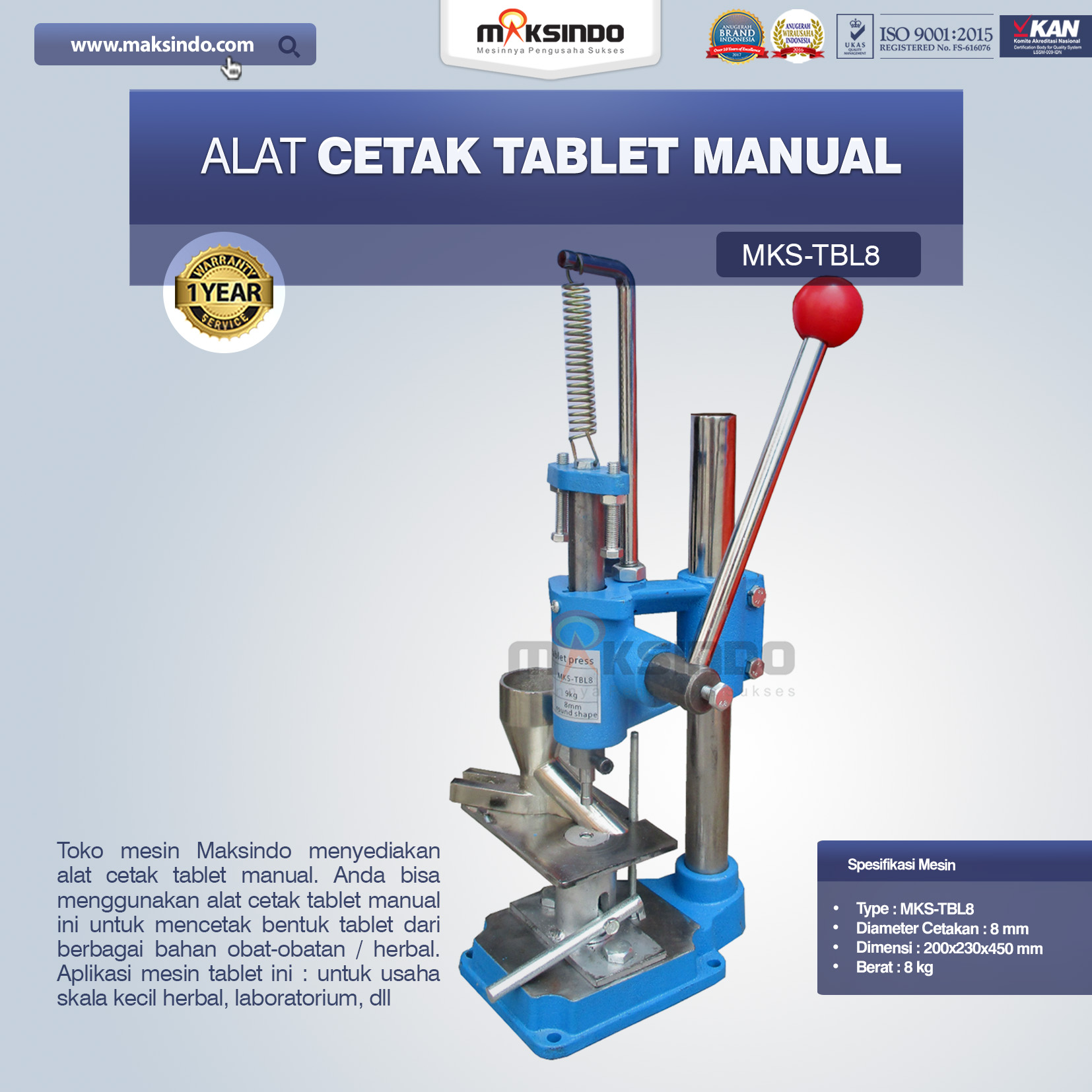 Jual Alat Cetak Tablet Manual MKS-TBL8 di Medan