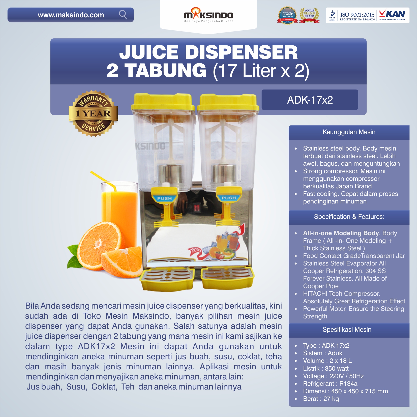 Jual Dispenser 2 Tabung (17 Liter) – ADK17x2 di Medan