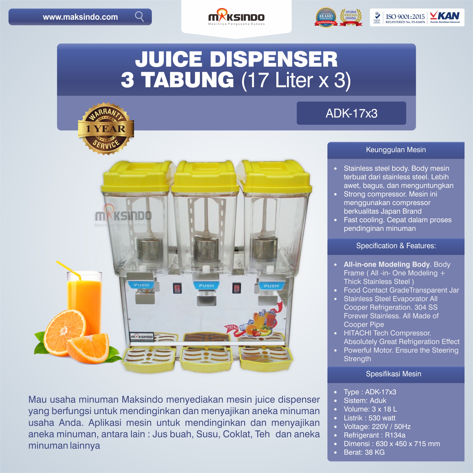 Jual Mesin Juice Dispenser 3 Tabung (17 Liter)-ADK-17×3 di Medan