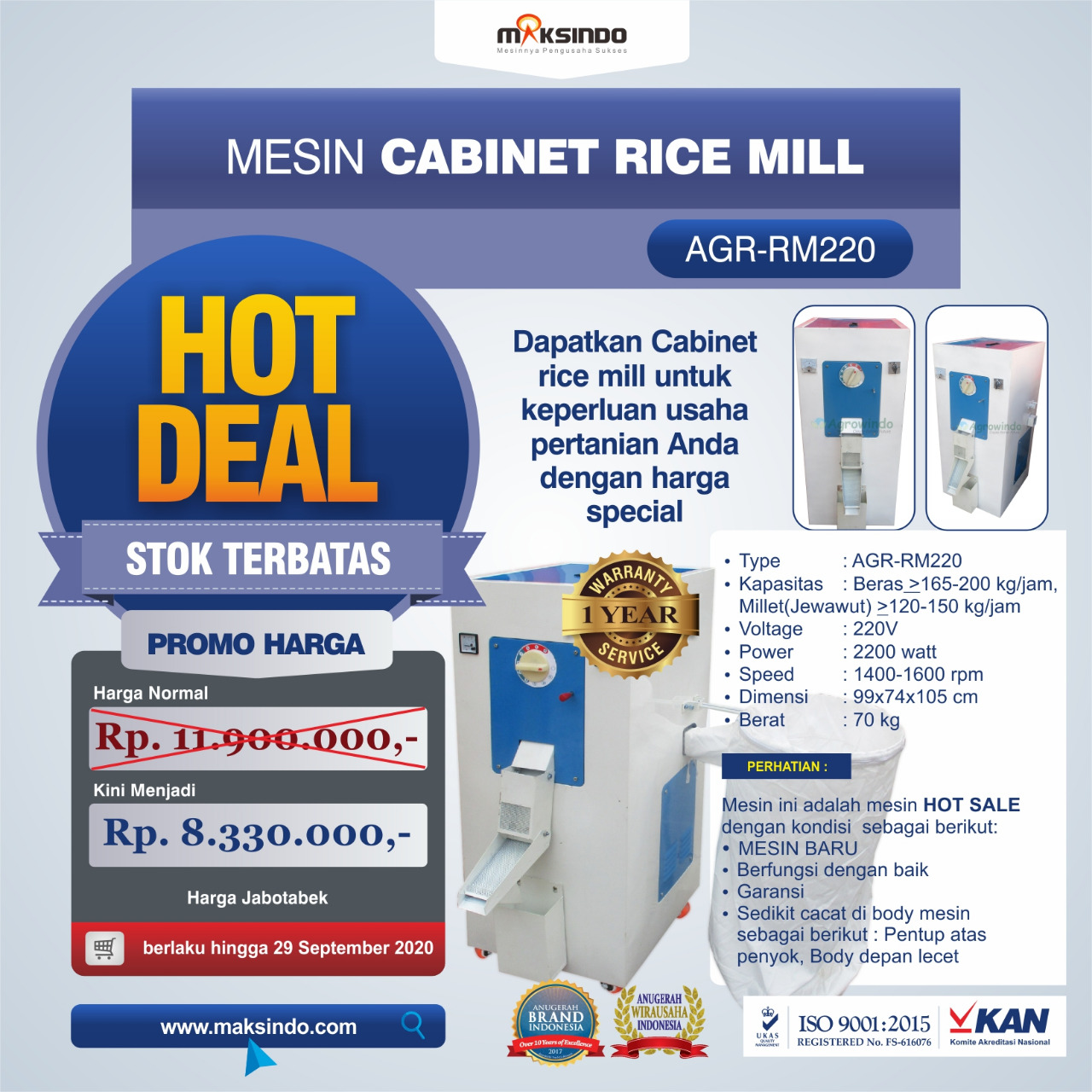 Jual Mesin Cabinet Rice Mill AGR-RM220 di Medan