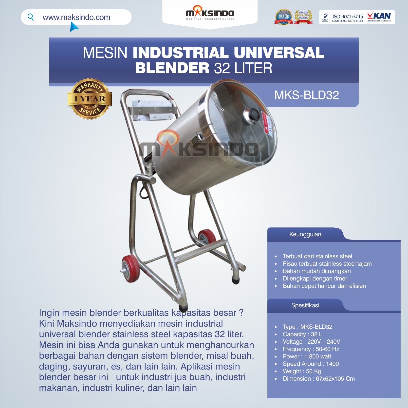 Jual Industrial Universal Blender 32 Liter di Medan