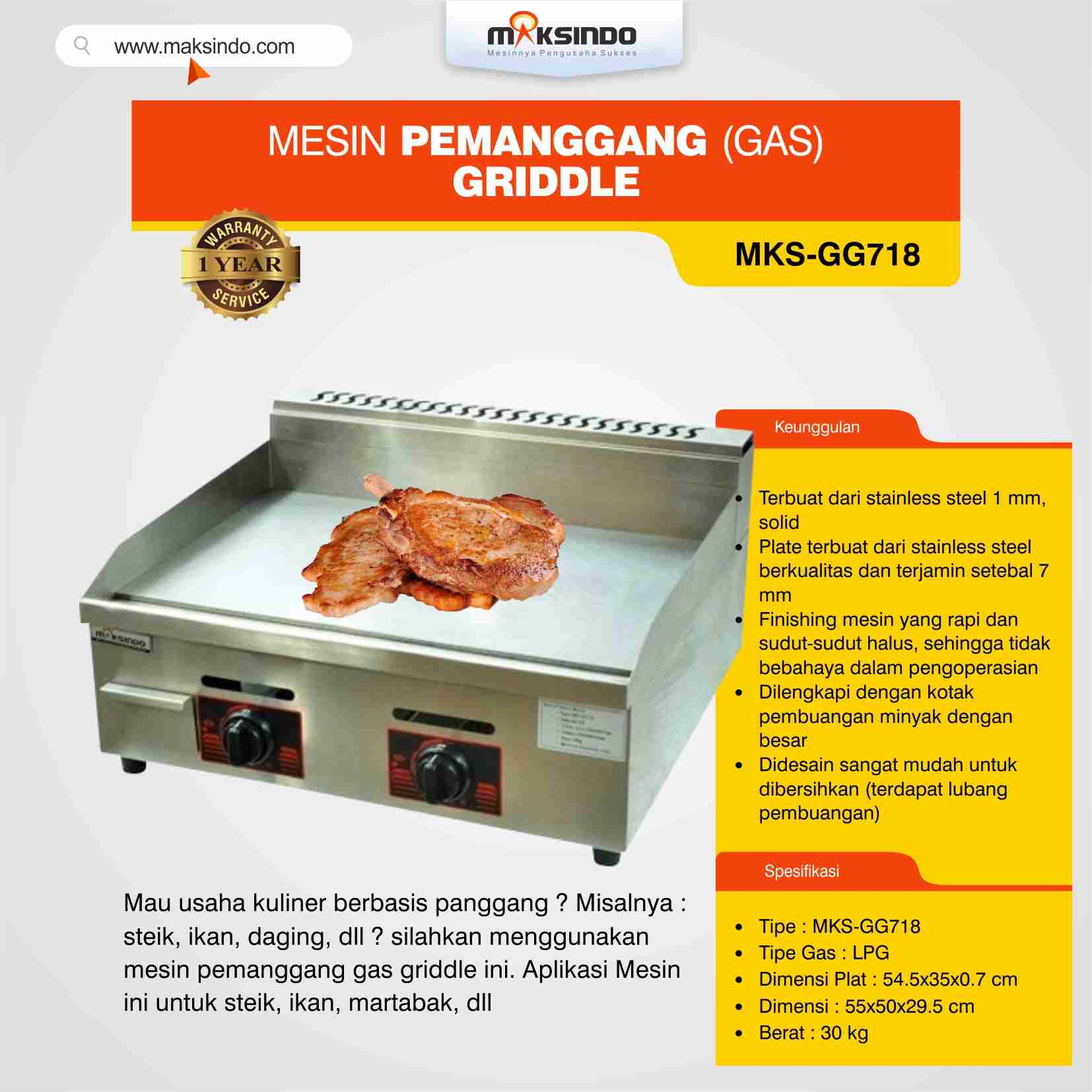 Jual Mesin Pemanggang Griddle (GAS) MKS-GG718 di Medan