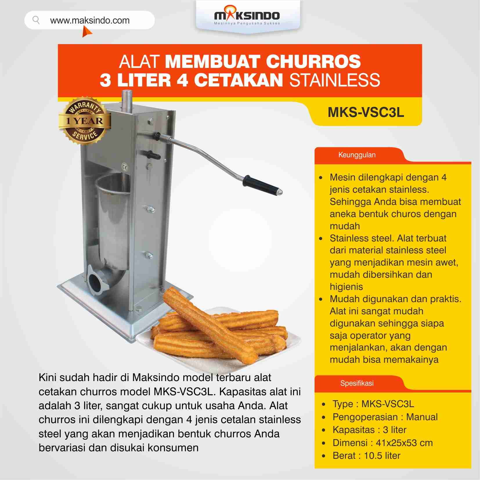 Jual Alat Membuat Churros 3 Liter 4 Cetakan Stainless MKS-VSC3L di Medan