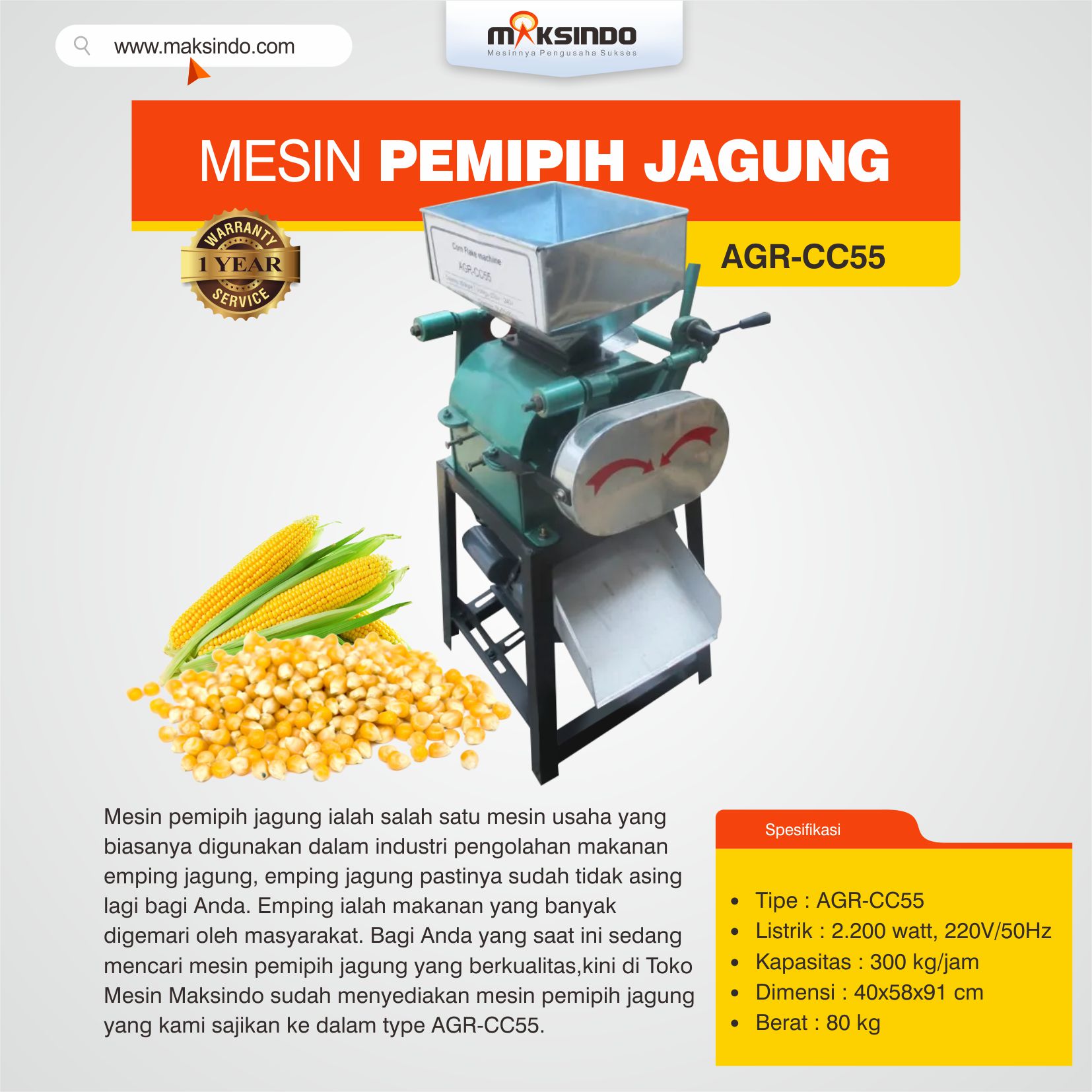 Jual Mesin Pemipih Jagung AGR-CC55 di Medan