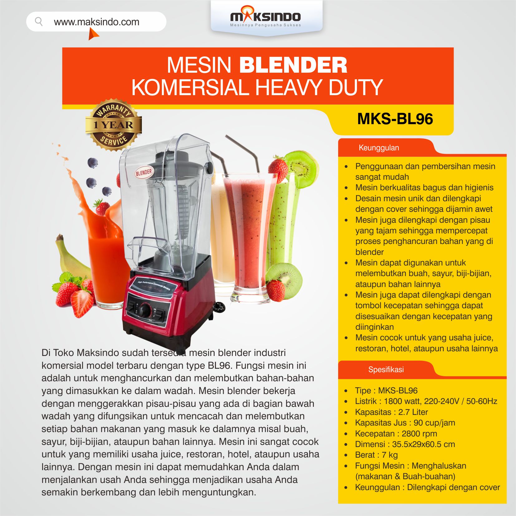 Mesin Blender Komersial Heavy Duty MKS-BL96